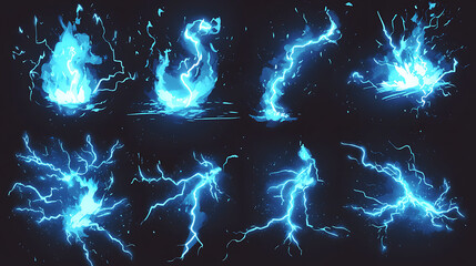 Fototapete - Animated cartoon lightning sprite, Blue vector thunderbolts strike in a sequence of frames for a visual effects animation sheet, Depicting an electric thunder impact at night