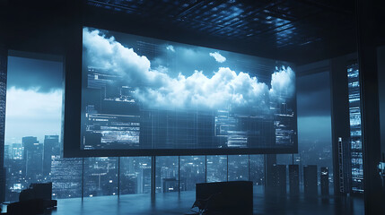 Poster - Big screen displays security breach warning from cloud security hacker attack, Concept Cloud Security