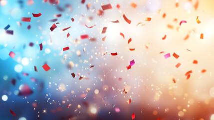 Poster - Blue, white and red confetti falling on a blurred background with copy space for an American national holiday design