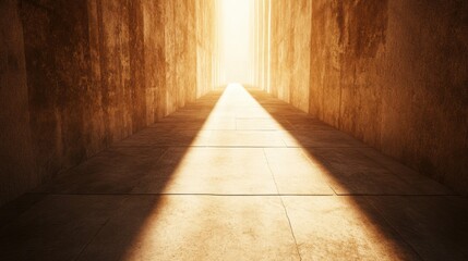 Aufkleber - A narrow pathway stretches forward, bathed in warm golden light, with shadows casting intriguing patterns on the walls. Generative AI