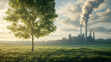 Wall Mural - Compare a green tree and meadow with clear air to a factory emitting pollution and its effects on climate change, 3D illustration rendering