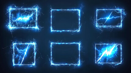 Aufkleber - Lightning frames, blue electric borders of rectangular and square shapes with thunder bolt effect, Isolated photo frames with thunderbolt impact, magical energy flash, realistic 3D vector bolts set