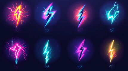 Aufkleber - Neon lightning bolt icon, Glowing neon thunder flash sign, electrical discharge in vivid colors, Bright thunderbolt, electric storm, high voltage, Icon set, sign, symbol for UI, Vector illustration