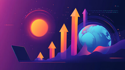 Poster - Digital illustration of global stock market growth, arrows pointing upwards with globe and laptop in the background, representing business success