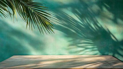 Poster - Minimal abstract background for a product presentation, a green palm shadow on the wall, an empty table with soft shadows
