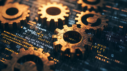 Fototapete - Rust programming language concept with rusty gears emerging from the dark, symbolizing robust and efficient coding