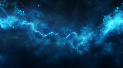 Poster - Realistic thunder light and blue smoke cloud bottom frame, Mysterious lightning glow border wide panoramic element, Fluffy magic spell mist glowing with bolt energy charge overlay turquoise design