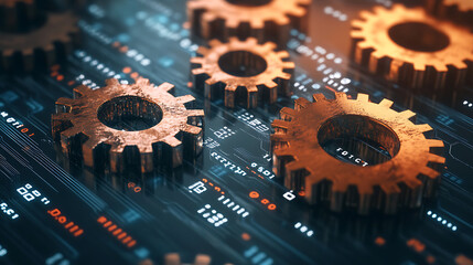 Poster - Rust programming language concept with rusty gears emerging from the dark, symbolizing robust and efficient coding