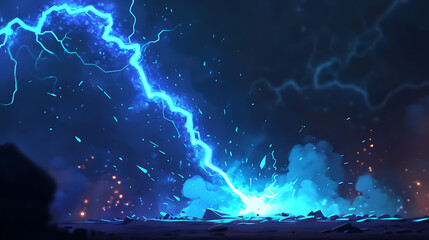 Poster - VFX effect of a lightning bolt striking the ground, Blue electric or magic thunderbolt impact, crack, and wizard energy flash, A powerful electrical discharge, presented as a cartoon vector