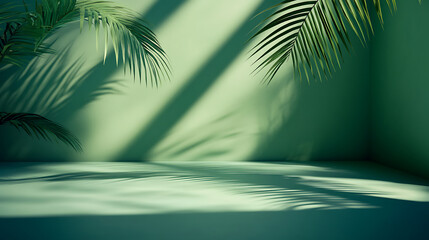 Aufkleber - Abstract green background with shadow of palm leaves on empty table for product presentation, minimal concept