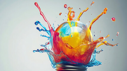 Poster - Colorful liquid glass light bulb splashing with creative inspiration artistic concept of imagination and ideas abstract background