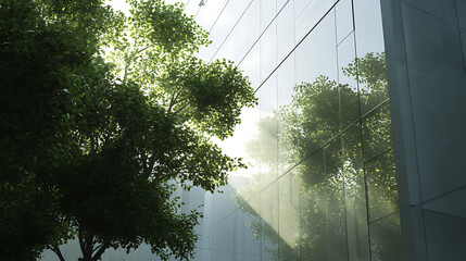 Wall Mural - Corporate glass building facade reflecting green trees exemplifying esg environmental social governance sustainability in business 3d rendering