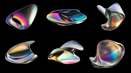 Aufkleber - Dynamic set of iridescent holographic liquid metal shapes floating on black abstract