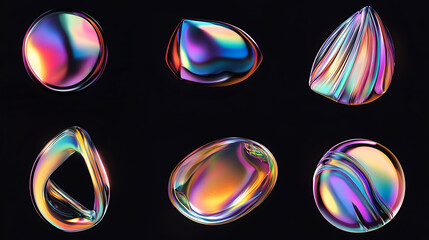 Aufkleber - Dynamic set of iridescent holographic liquid metal shapes floating on black abstract