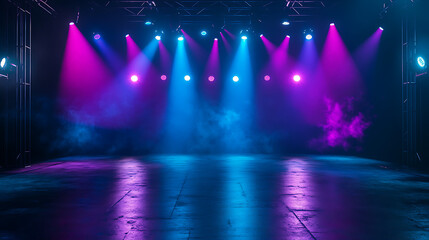 Poster - Empty dark stage with blue and purple laser beams and neon spotlights reflection on wet asphalt floor smoke floating up studio room mock up for product display 3d rendering