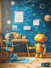 Poster - Brightly colored robots interact in a playful children's room filled with educational materials and creative artwork on the walls. Generative AI