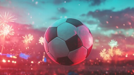 Wall Mural - A soccer ball is floating in the air with fireworks in the background