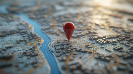 Wall Mural - red pin is marking a specific location on a 3d city map with buildings and a river