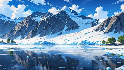 glacier in the mountains hyper realistic, creating a serene nature escape. Anime style	