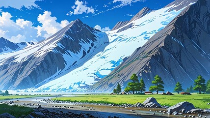 glacier in the mountains hyper realistic, creating a serene nature escape. Anime style	