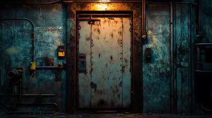 Aufkleber - Rusty sci-fi door in a dimly lit industrial setting