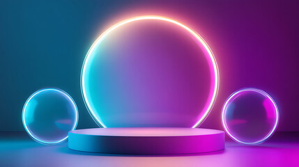 Poster - Abstract 3d geometric podium display in neon blue and purple minimalist studio background digital illustration