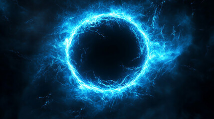 Poster - Abstract blue neon light background with a glowing circular frame and thunder glow effect