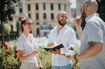 Wall Mural - Cheerful group of young professionals chatting and laughing during an outdoor meeting. They are enjoying the sunny day and each other's company in a casual environment.