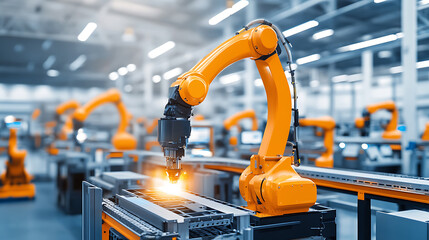 Leinwandbilder - Industrial robot arm welding with laser in manufacturing plant
