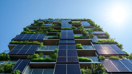 Aufkleber - Modern apartment building with solar panels and green plants on balconies, eco-friendly living concept