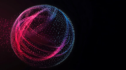 Poster - Spiral lines in red and blue, glowing dots on black background forming an abstract sphere with pink light effect