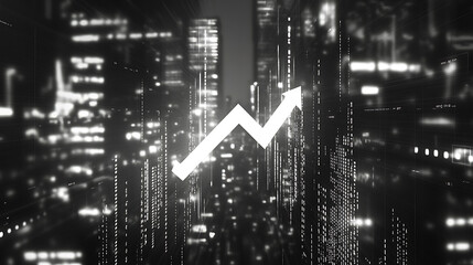 Aufkleber - Digital stock market graph with arrow pointing upwards and city background, white arrow on grey background, financial growth concept, upward arrows overlaying each other