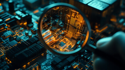 Fototapete - Detective magnifying glass inspecting network components investigating connectivity issues concept