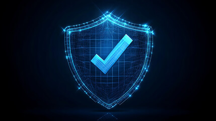Aufkleber - Visualizing a secure cybersecurity symbol: A dark blue wireframe shield adorned with a checkmark emblem, symbolizing robust protection and verified security measures