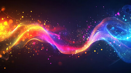 Poster - Abstract light painting with neon lights, dynamic lines and curves, swirling colors and glowing dots on a dark background, creating an energetic and vibrant visual effect