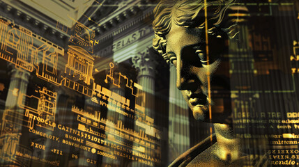 a classic statue of a greek philosopher overlays a modern digital backdrop at a historical bank, sym