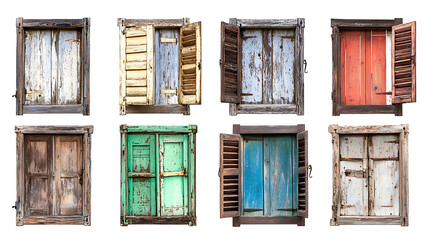 Aufkleber - Rustic old farm window frame set various colors open shutters weathered wooden texture isolated premium cutout