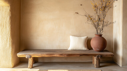 Poster - Serene japandi living room with rustic wooden bench clay vase and beige stucco wall wabisabi interior design