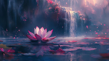 Fototapete - Ethereal lotus flower fantasy with cinematic color grading dreamy nature background digital painting