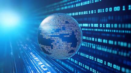 Digital globe on blue background with binary code, symbolizing global internet connection and data transfer technology