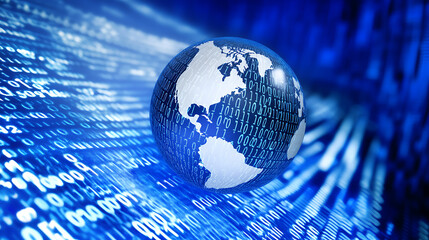 Aufkleber - Digital globe on blue background with binary code, symbolizing global internet connection and data transfer technology