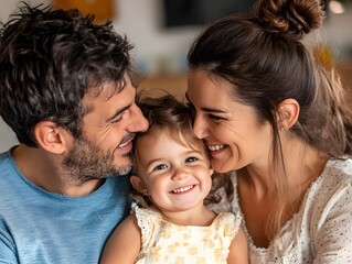 A man and woman with a little girl smiling at each other