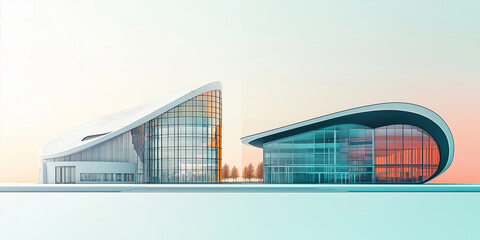 Poster - Modern glass buildings reflecting sunset light in futuristic cityscape