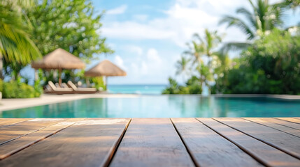 Poster - Empty wooden table on blurred summer resort background