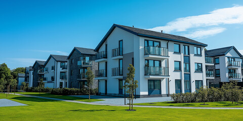 Poster - Modern residential complex with balconies and green lawns on sunny day