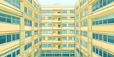Poster - Apartment building facade showing balconies and windows in urban setting