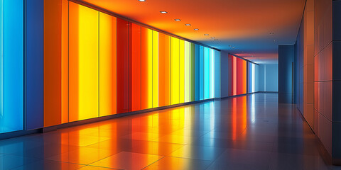 Poster - Modern corridor with colorful backlit glass panels creating vibrant reflections