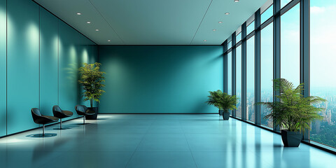 Poster - Modern empty turquoise office interior with big windows showing city view