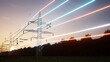 © DC Studio - Visualization of energy stream travelling through overhead electrical transfer lines over sunset horizon sky. AR data of sustainable electricity flowing inside web of interconnected cables, 3D render