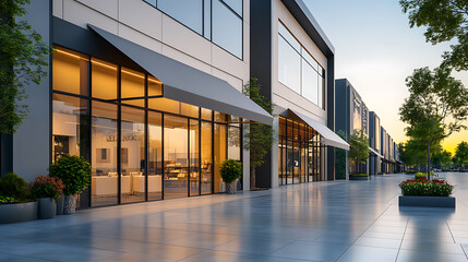 Aufkleber - Modern retail and business complex with sleek awning inviting storefront and office space for rent or purchase 3d illustration